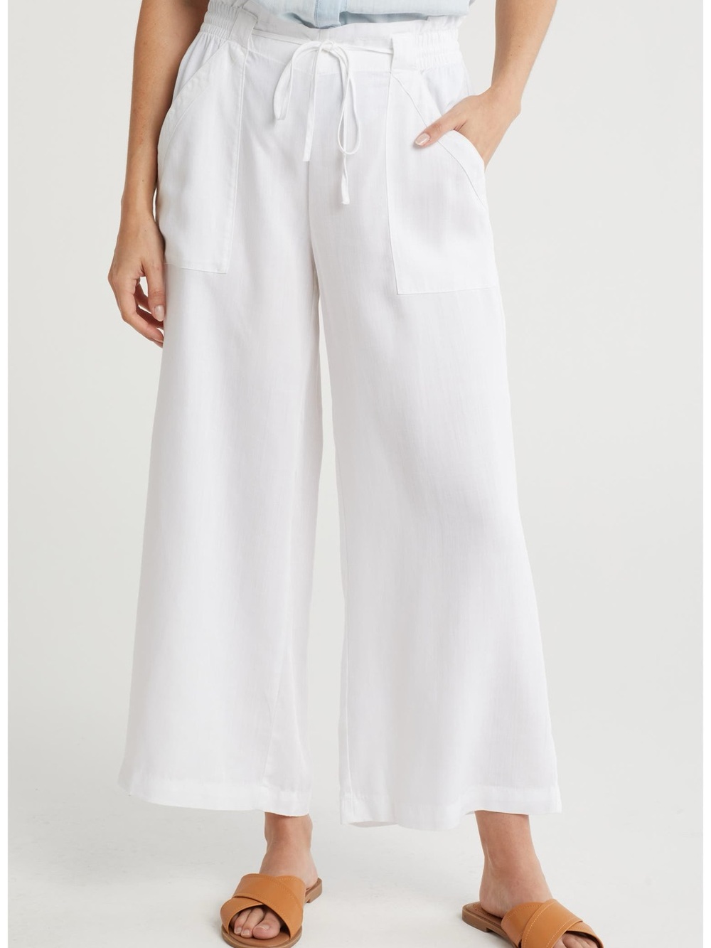 Tahari Wide Leg Linen-Blend Drawstring Pants - White